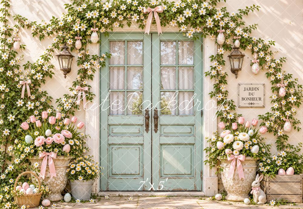 Kate Easter Flower Arch Doorway Bunny Tulips Ivy Printed Backdrop Designed by Emetselch
