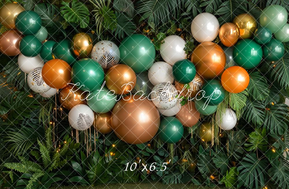 Kate Birthday Green Gold Balloon Garland Jungle Leaves Printed Backdrop Designed by Emetselch