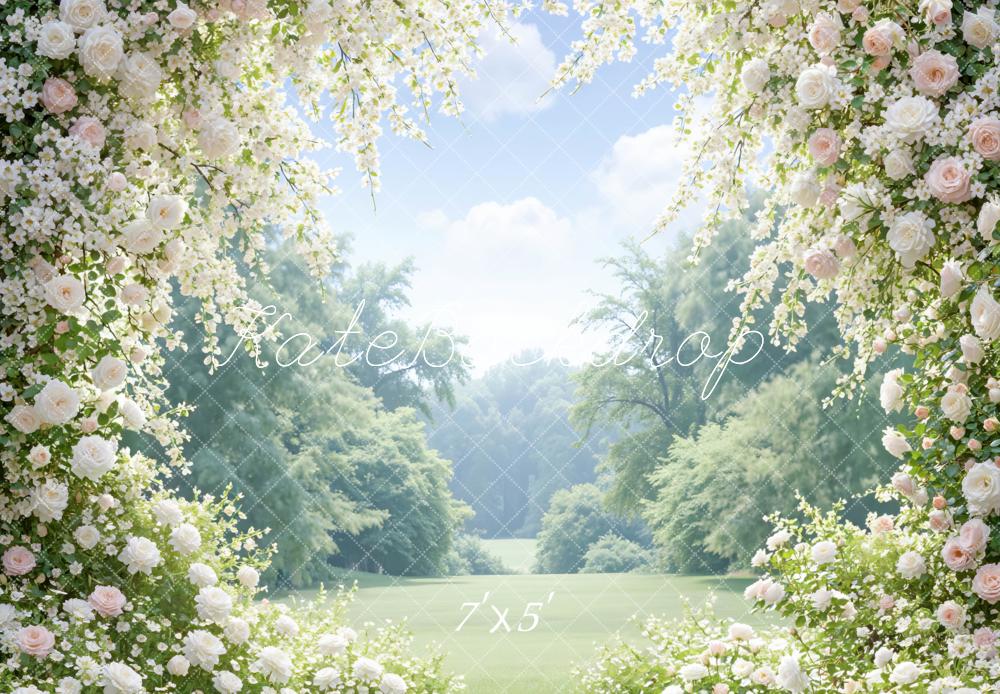 Kate Summer Flower Arch White Pink Roses Garden Printed Backdrop Designed by Mini MakeBelieve