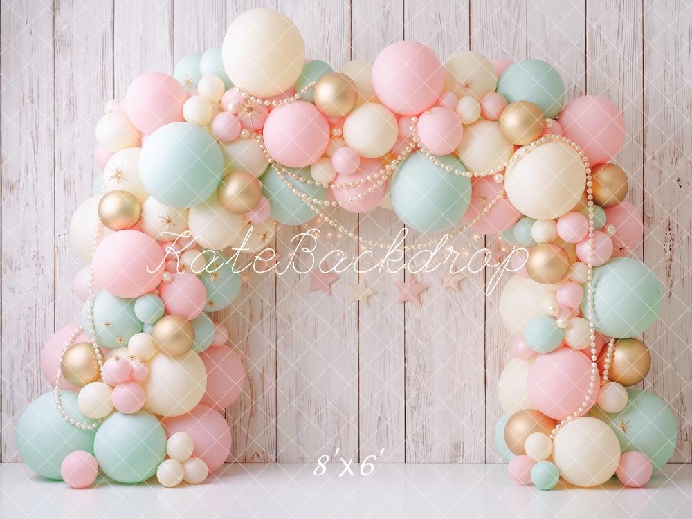 Kate Cake Smash Pastel Balloon Arch Pearl Wood Printed Backdrop Designed by Angela Miller