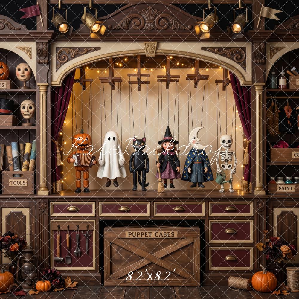 Kate Halloween Marionette Theatre Cabinet Brown Printed Backdrop Designed by Patty Roberts