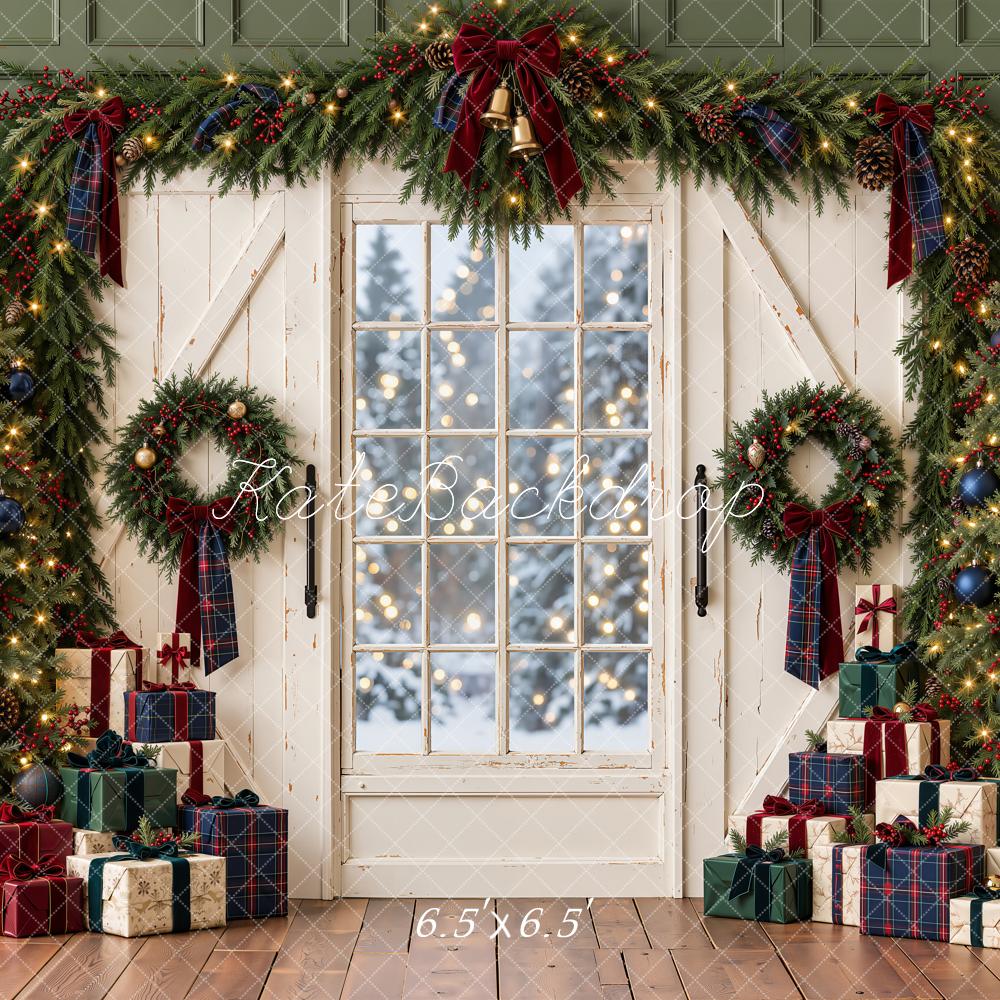 Kate Christmas Trees Window White Doors Presents Garland Printed Backdrop Designed by Emetselch