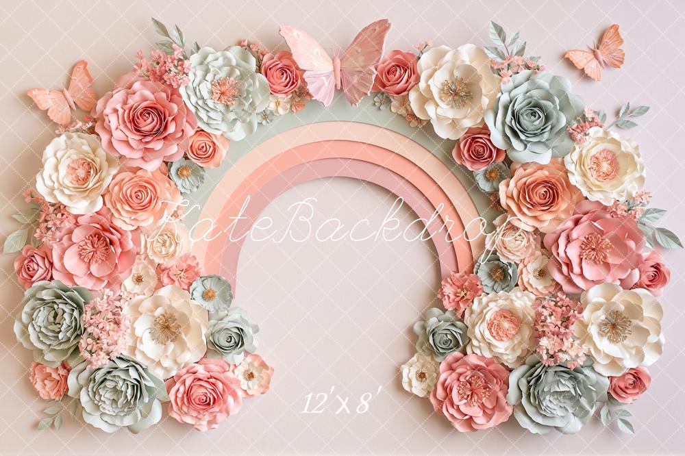 Kate Cake Smash Paper Flower Arch Pastel Rainbow Butterflies Printed Backdrop Designed by Angela Miller