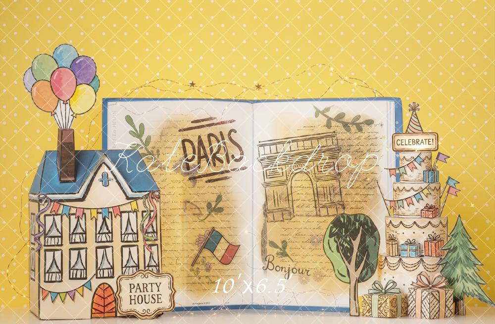 Kate Paris Party House Open Book Balloons Cake Printed Backdrop Designed by Emetselch