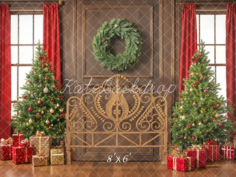 Kate Christmas Headboard Trees Wreath Gifts Red Curtains Printed Backdrop Designed by Emetselch
