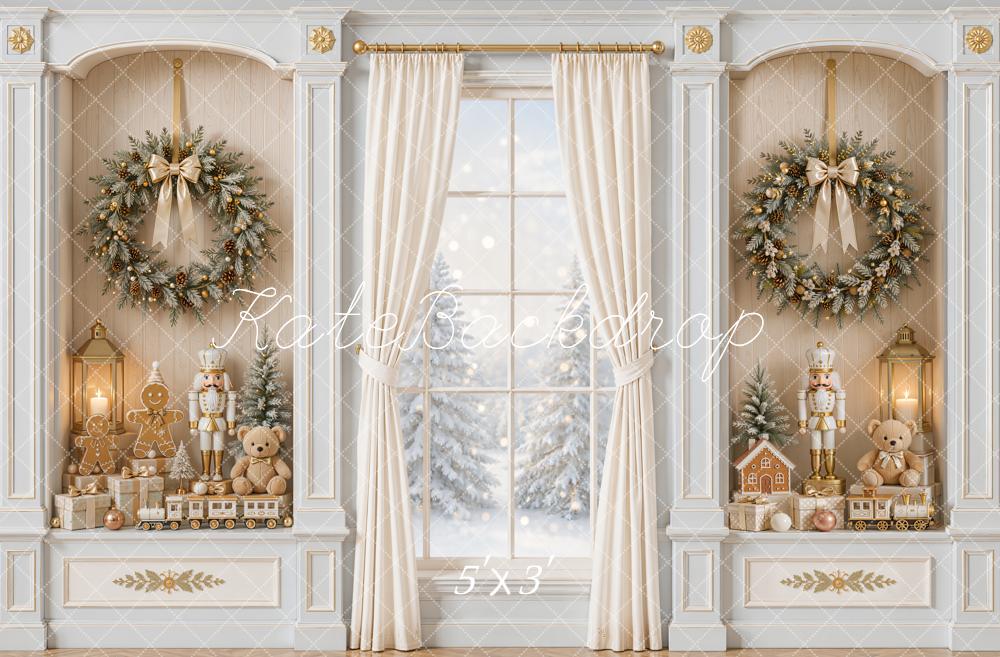 Kate Christmas White Curtains Window Wreath Nutcracker Gingerbread Printed Backdrop Designed by Emetselch
