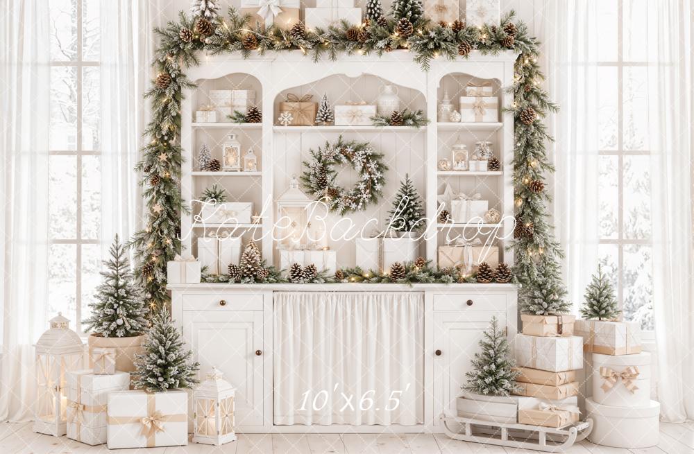 Kate Christmas Cabinet Garland Gifts Pinecones White Printed Backdrop Designed by Emetselch