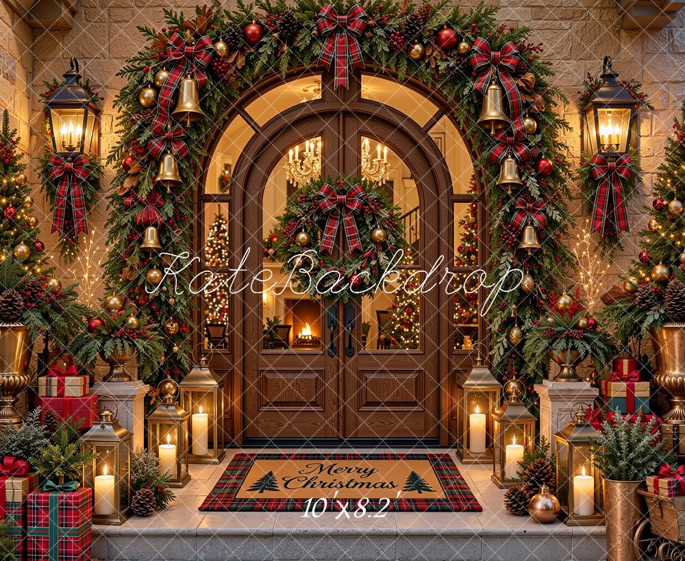 Kate Christmas Arched Doorway Garland Lanterns Brown Printed Backdrop Designed by Shutter Swan Studios