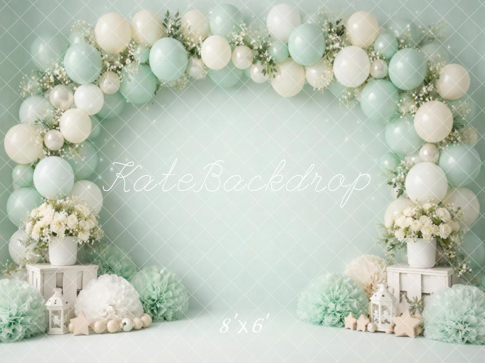 Kate Cake Smash Mint Balloon Flower Arch Stars Lanterns Printed Backdrop Designed by Vertigo Productions
