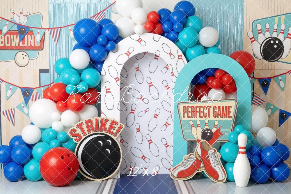 Kate Cake Smash Bowling Alley Pins Balloons Red Blue Printed Backdrop Designed by Mini MakeBelieve