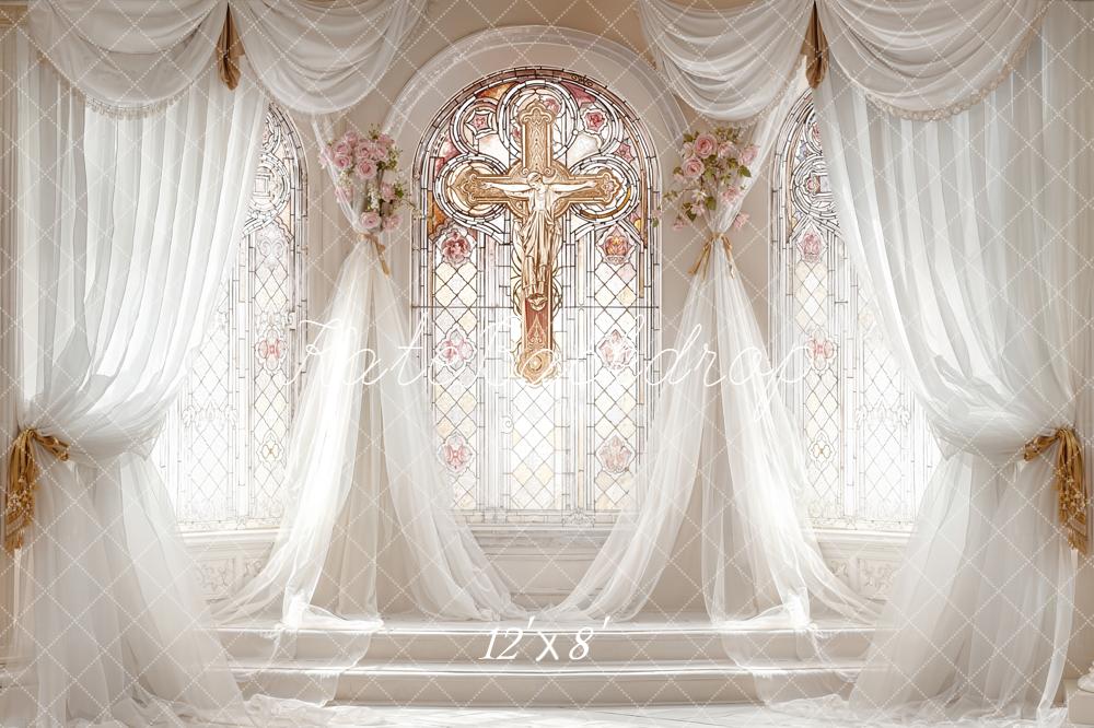 Kate Wedding Church Stained Glass Cross Drapes Flowers Backdrop Designed by Emetselch