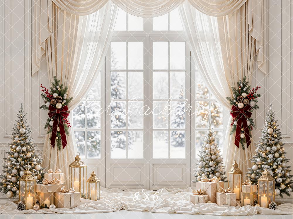 Kate Christmas White Window Curtains Christmas Trees Gift Boxes Lanterns Printed Backdrop Designed by Emetselch