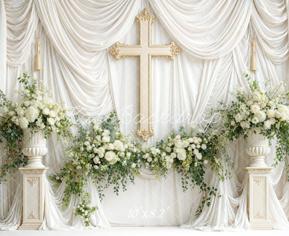 Kate Church Wedding White Drapery Cross Floral Columns Printed Backdrop Designed by Mini MakeBelieve