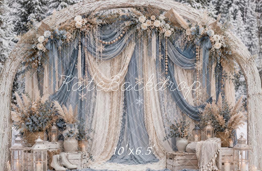 Kate Winter Christmas Flower Arch Blue Drapes Snowy Outdoor Printed Backdrop Designed by Ashley Paul