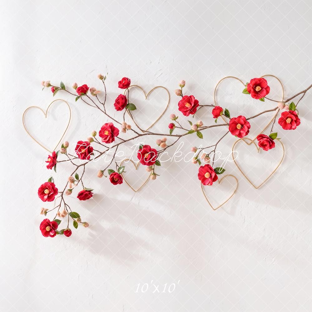 Kate Valentine's Day Red Flower Branch Gold Hearts Printed Backdrop Designed by Angela Miller