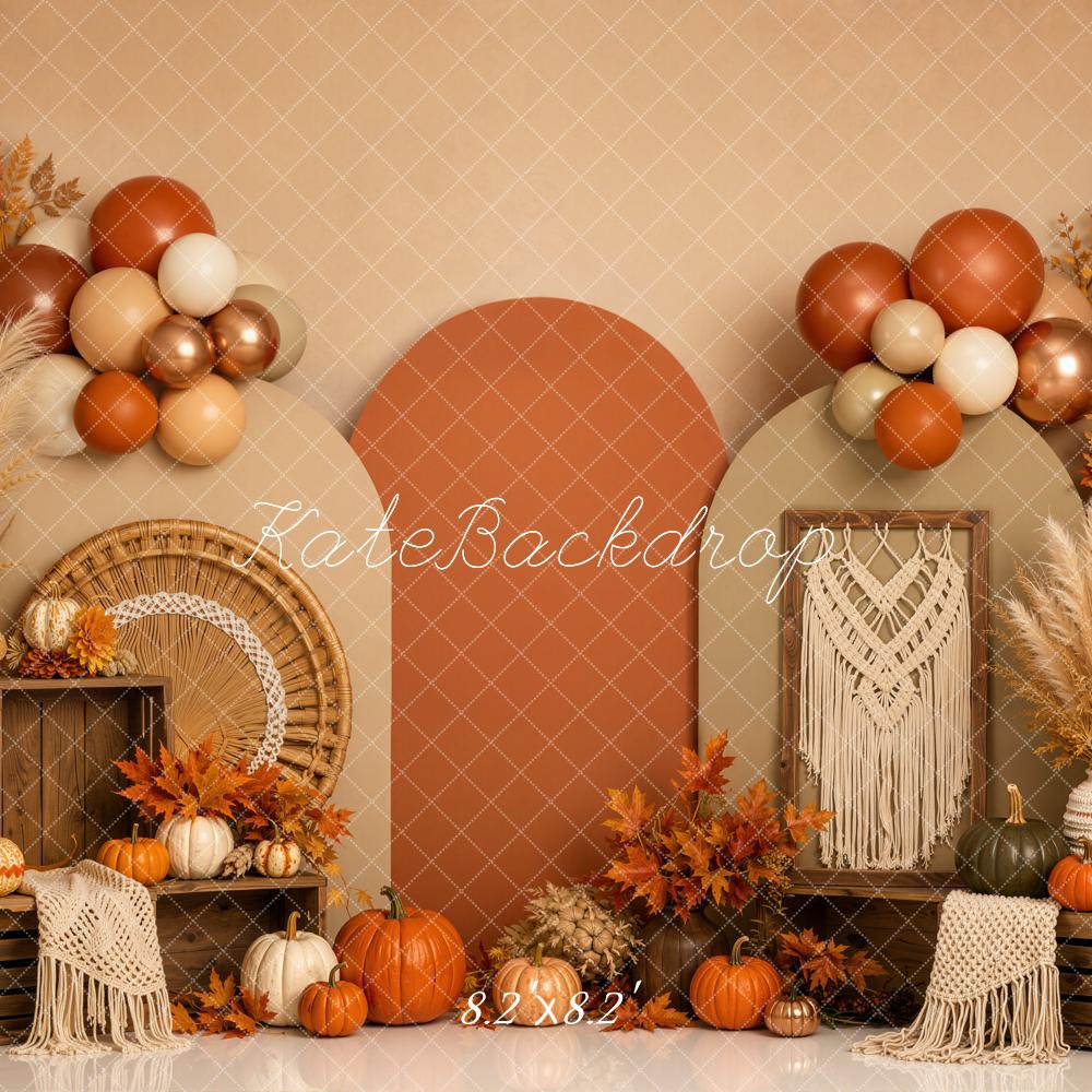 Kate Fall Boho Pumpkin Arch Balloons Crates Printed Backdrop Designed by Emetselch
