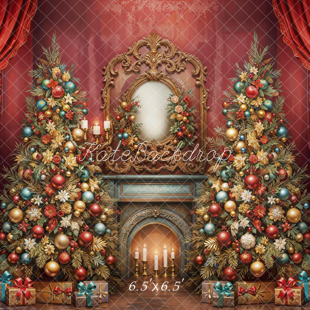 Kate Christmas Vintage Fireplace Mirror Trees Red Curtains Backdrop Designed by Emetselch