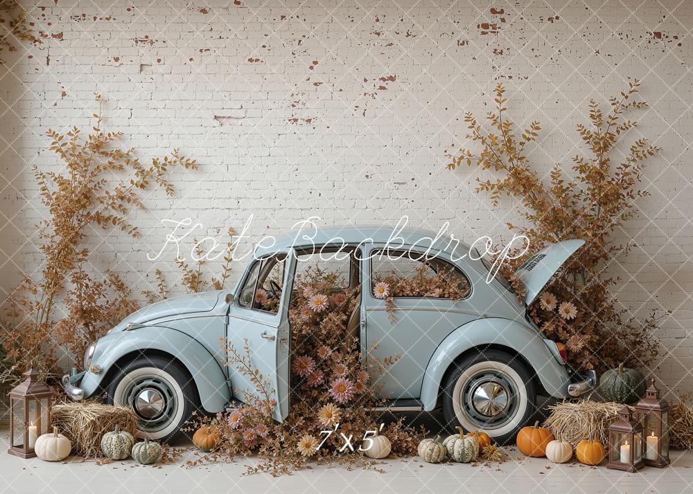 Kate Fall Vintage Blue Car Pumpkins White Brick Wall Printed Backdrop Designed by Ashley Ward