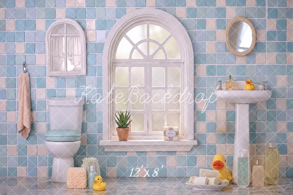 Kate Summer Blue Bathroom Tile Window Sink Toilet Rubber Duck Printed Backdrop Designed by Emetselch