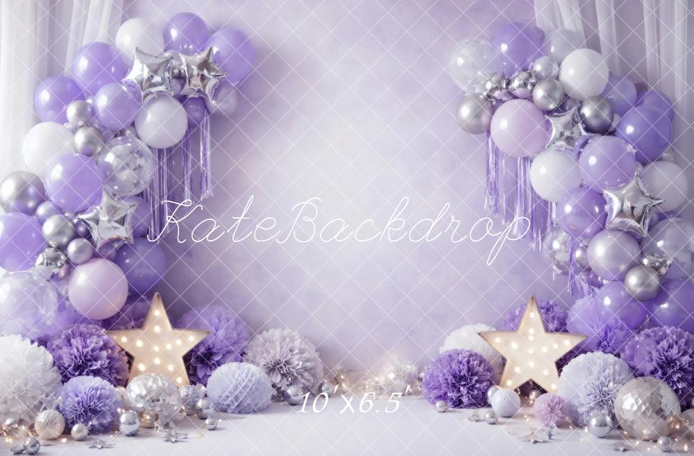 Kate Cake Smash Purple Balloon Arch Star Pom Printed Backdrop Designed by Vertigo Productions