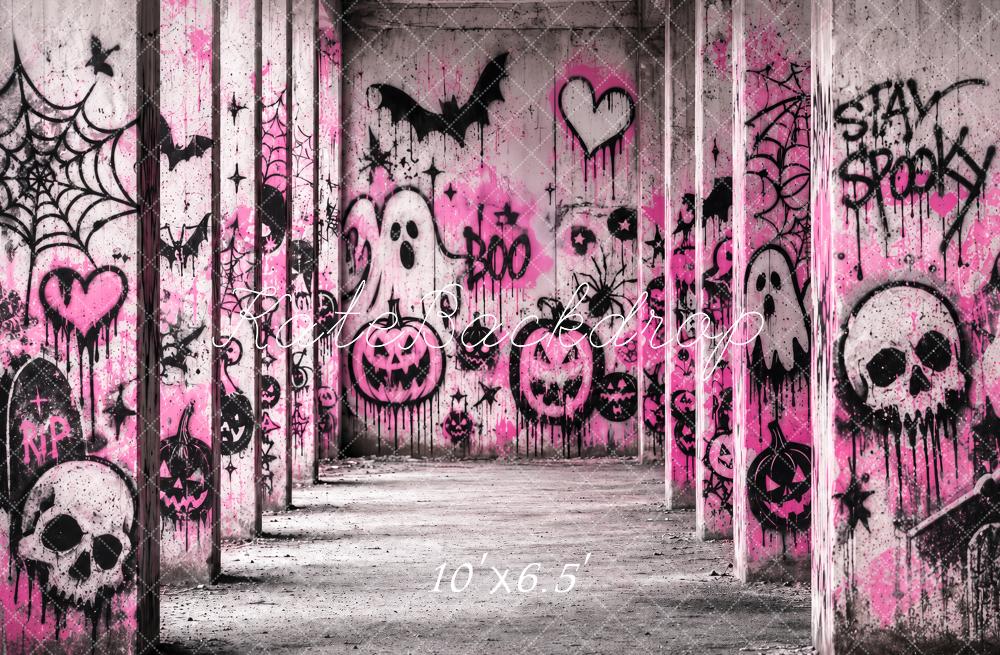 Kate Halloween Pink Graffiti Haunted Hallway Printed Backdrop Designed by Ashley Paul