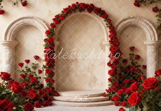 Kate Valentines Flower Arch Red Roses Stone Steps Printed Backdrop Designed by Emetselch