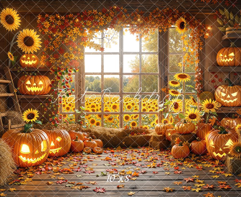 Kate Halloween Fall Sunflower Pumpkin Leaves Printed Backdrop Designed