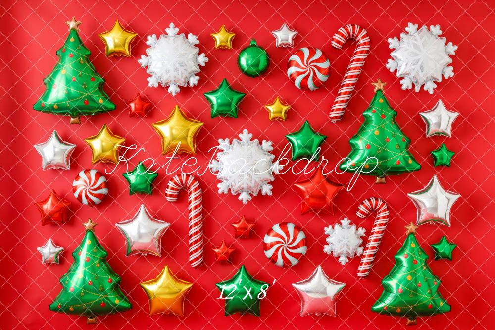Kate Christmas Balloons Tree Candy Cane Star Snowflake Red Printed Backdrop Printed Backdrop Designed by Patty Roberts