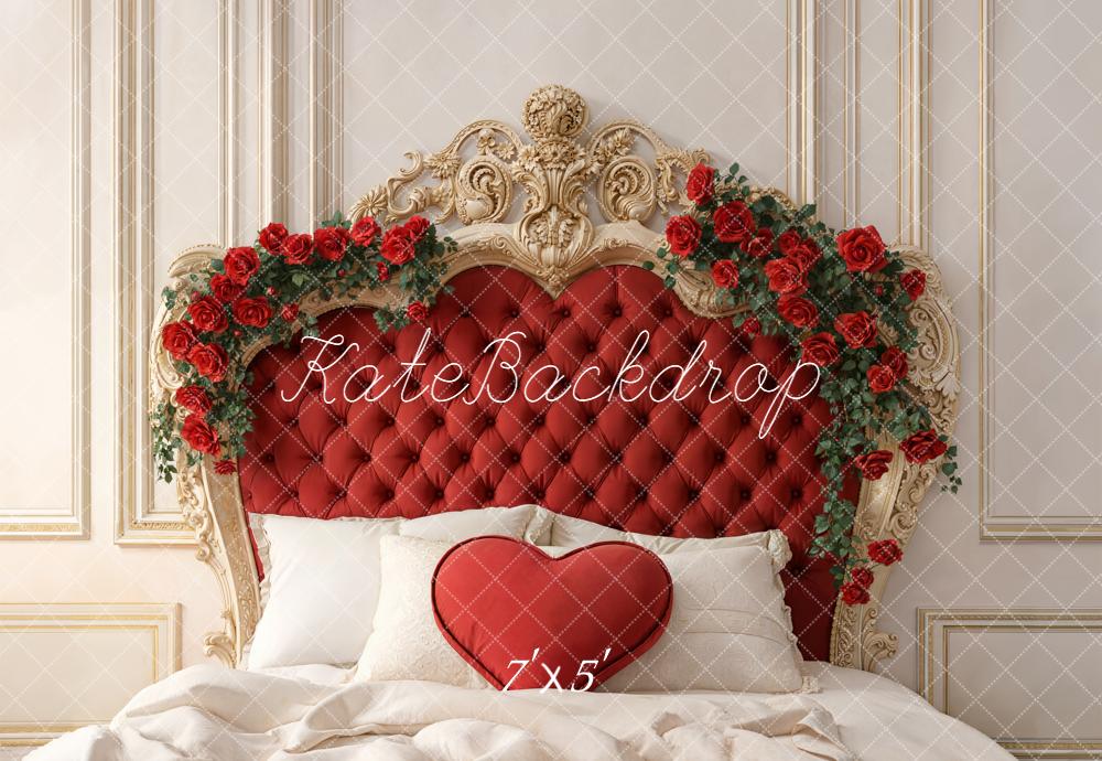 Kate Valentine's Day Red Headboard Roses Heart Pillow Backdrop Designed by Emetselch