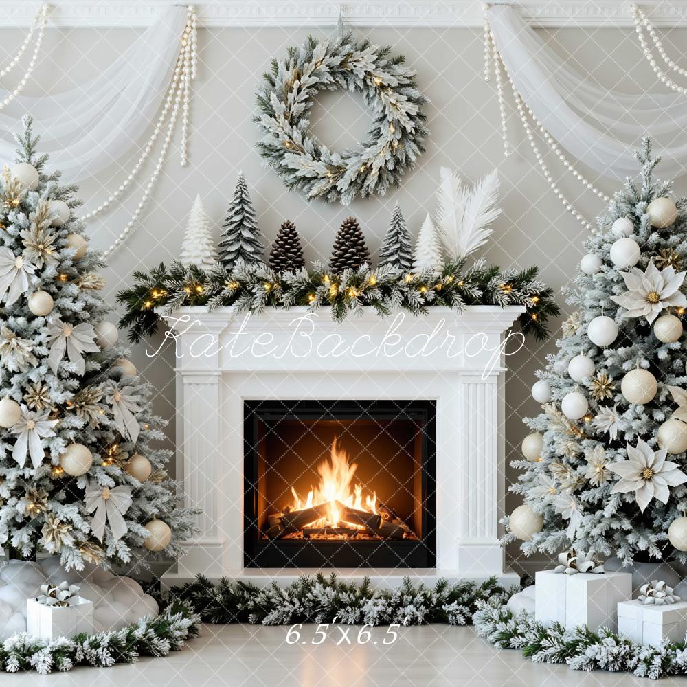 Kate Christmas White Poinsettia Fireplace Wreath Tree Pearl Backdrop Designed by Mini MakeBelieve