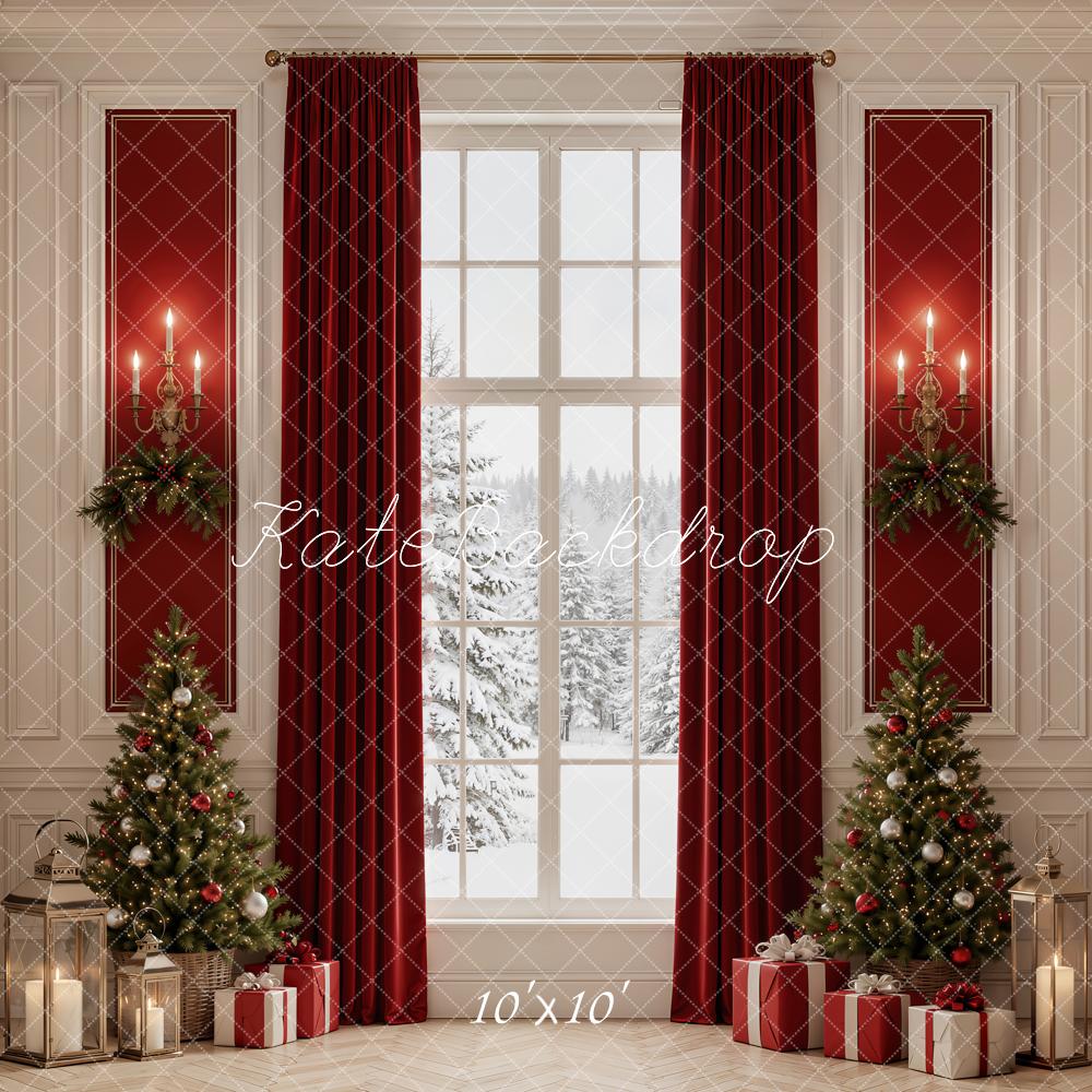 Kate Christmas Trees Red Curtains Snowy Window Printed Backdrop Designed by Emetselch