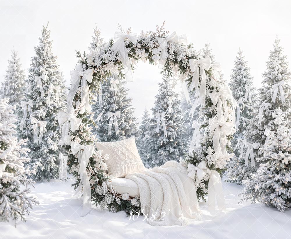 Kate Christmas Flower Arch Snowy Pine Trees White Bows Printed Backdrop Designed by Emetselch