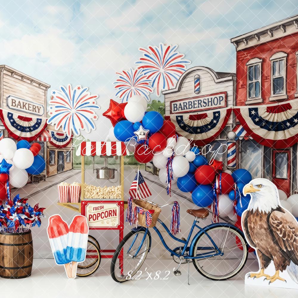 Kate 4th Of July Main Street Fireworks Balloons Bike Eagle Printed Backdrop Designed by Patty Roberts