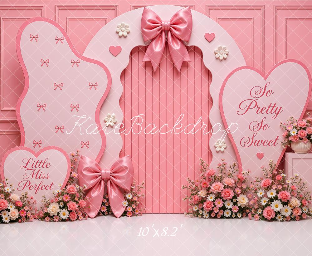 Kate Birthday Girls Pink Princess Bow Floral Arch Heart Printed Backdrop Designed by Shutter Swan Studios