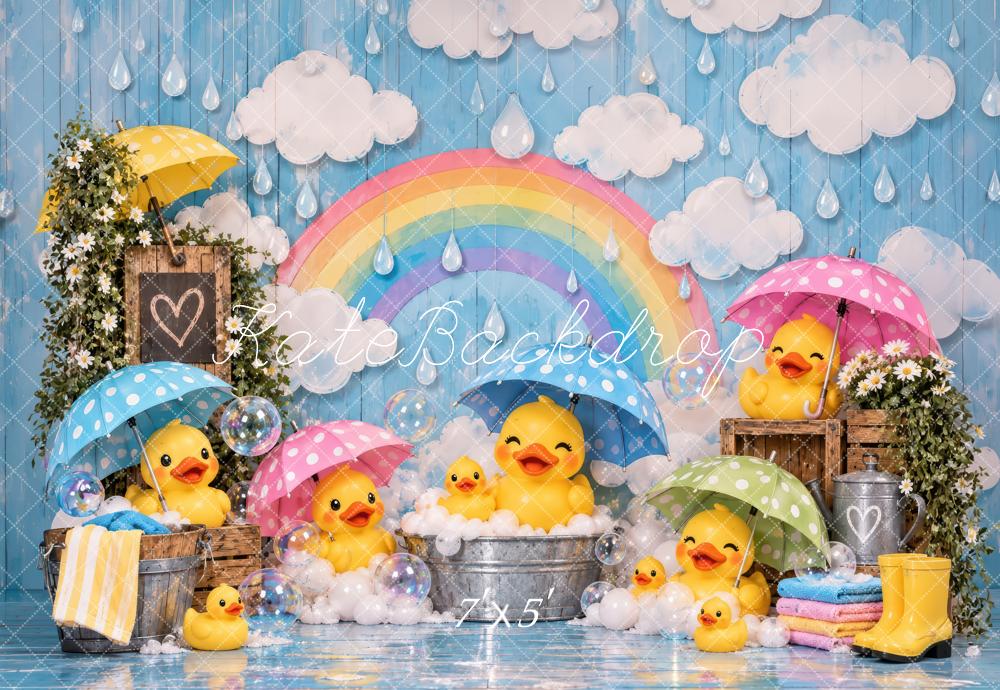 Kate Baby Shower Spring Blue Rainy Day Ducks Umbrellas Rainbow Printed Backdrop Designed by Laura Bybee