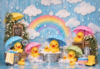 Kate Baby Shower Spring Blue Rainy Day Ducks Umbrellas Rainbow Printed Backdrop Designed by Laura Bybee