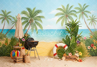 Kate Summer Beach Palm Trees Barbecue Umbrella Flowers Printed Backdrop Designed by Emetselch