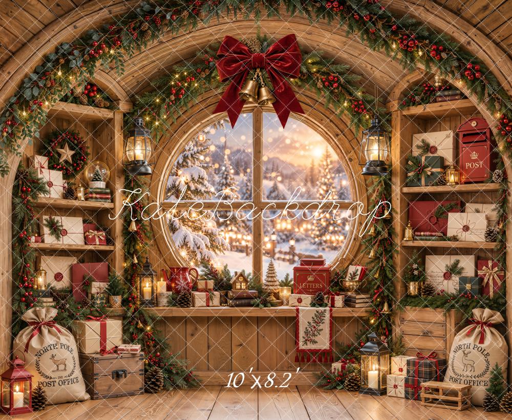 Lightning Deal Kate Christmas Rustic Workshop Gifts Circle Arched Window Bow Printed Backdrop Designed by Emetselch