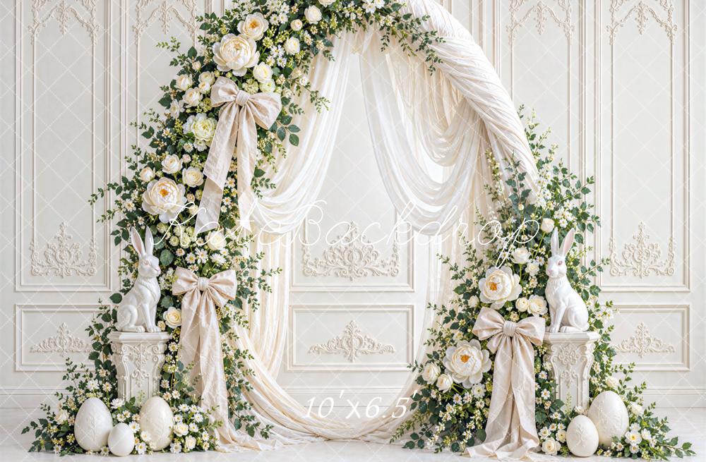 Kate Easter White Floral Arch Drapery Bow Bunny Vintage Printed Backdrop Designed by Mini MakeBelieve