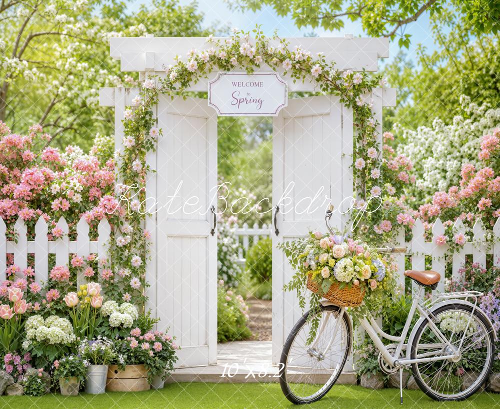 Kate Spring Garden Gate Flower Arch Bicycle Fence Printed Backdrop Designed by Emetselch