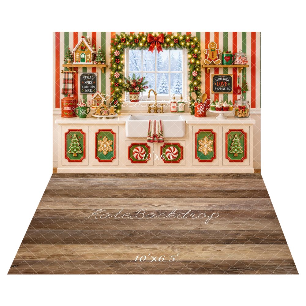 Kate Christmas Kitchen Gingerbread Cookies Peppermint Garland Printed Backdrop+Brown Wood Plank Floor Printed Backdrop