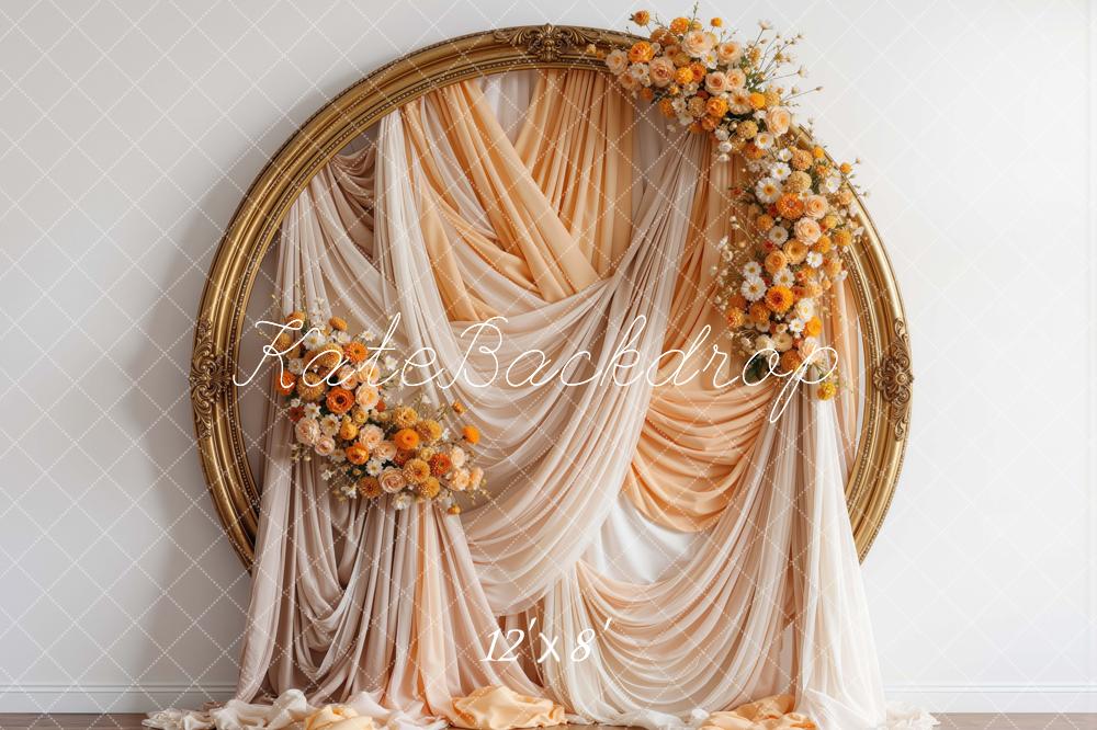 Kate Fall Flower Gold Circle Frame Peach Drapes Printed Backdrop Designed by Mini MakeBelieve