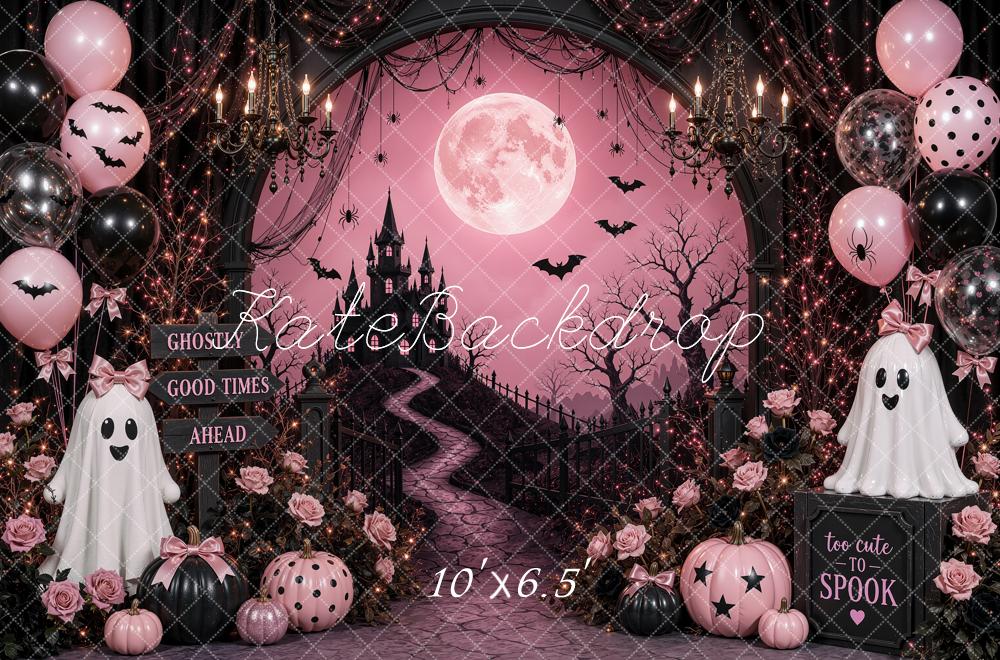 Kate Halloween Birthday Pink Gothic Castle Moon Ghosts Printed Backdrop Designed by Shutter Swan Studios