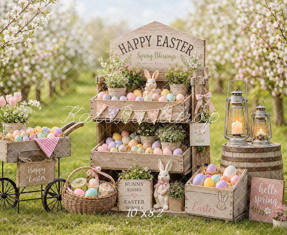 Kate Easter Spring Egg Flower Cart Bunny Cherry Blossoms Printed Backdrop Designed by Emetselch