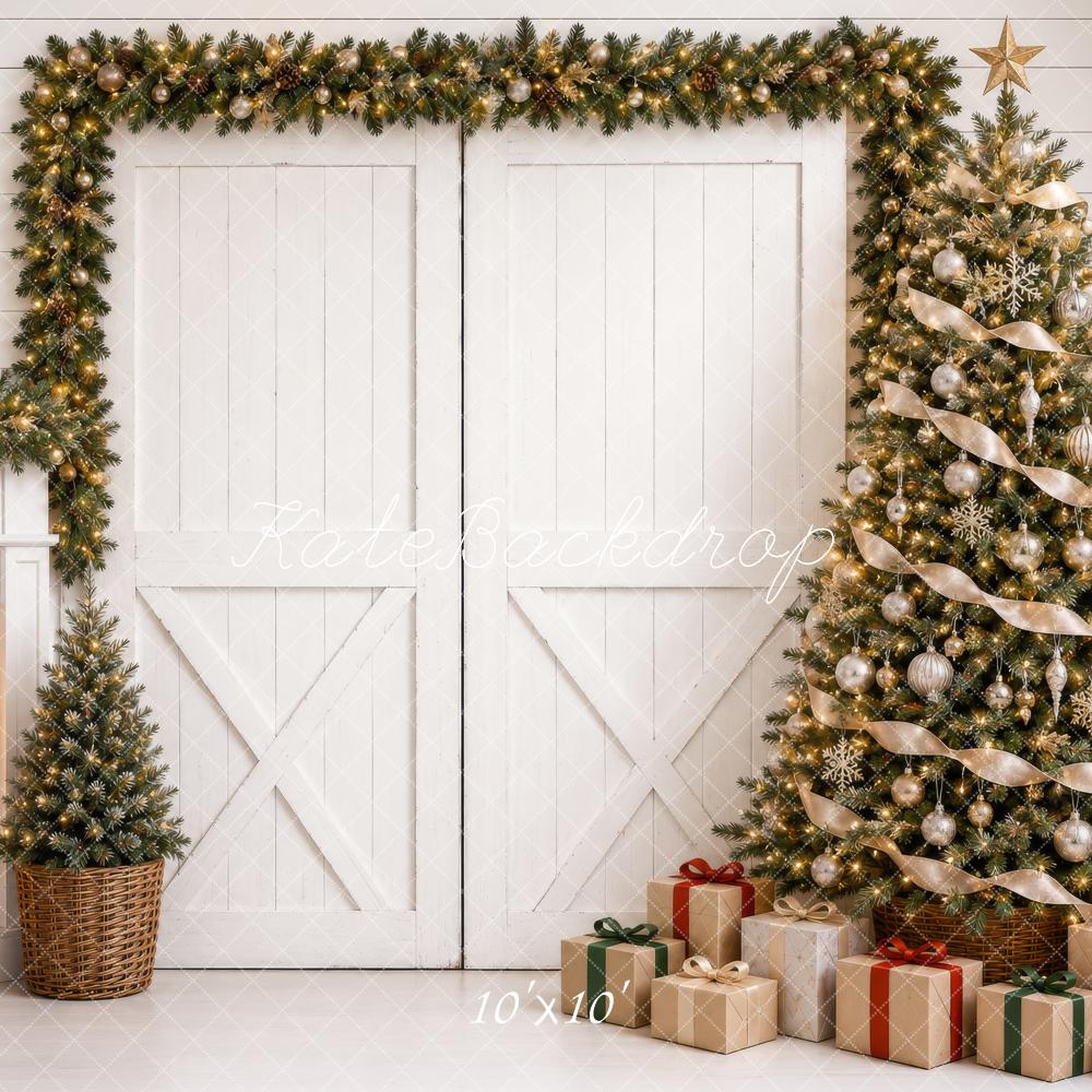 Kate Christmas White Barn Doors Fireplace Tree Gifts Printed Backdrop Designed by Shutter Swan Studios