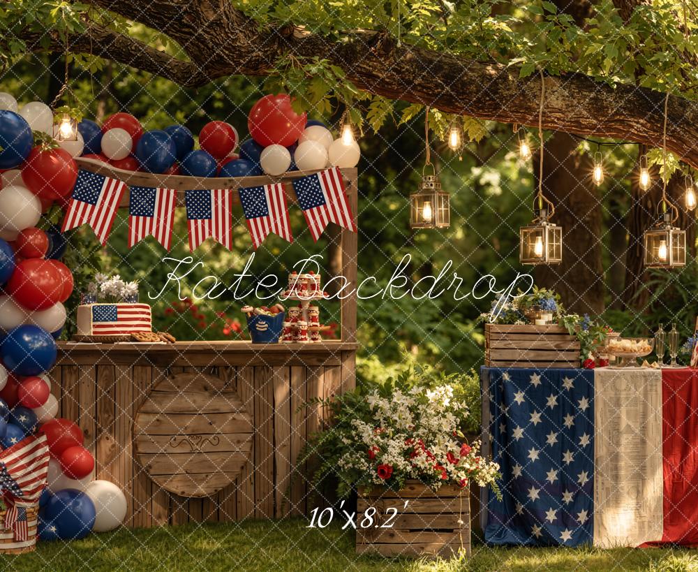 Kate 4th of July Patriotic Outdoor Balloons American Flags Rustic Table Printed Backdrop Designed by Emetselch