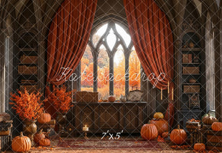 Kate Fall Gothic Arched Window Library Pumpkins Curtains Printed Backdrop Designed by Emetselch