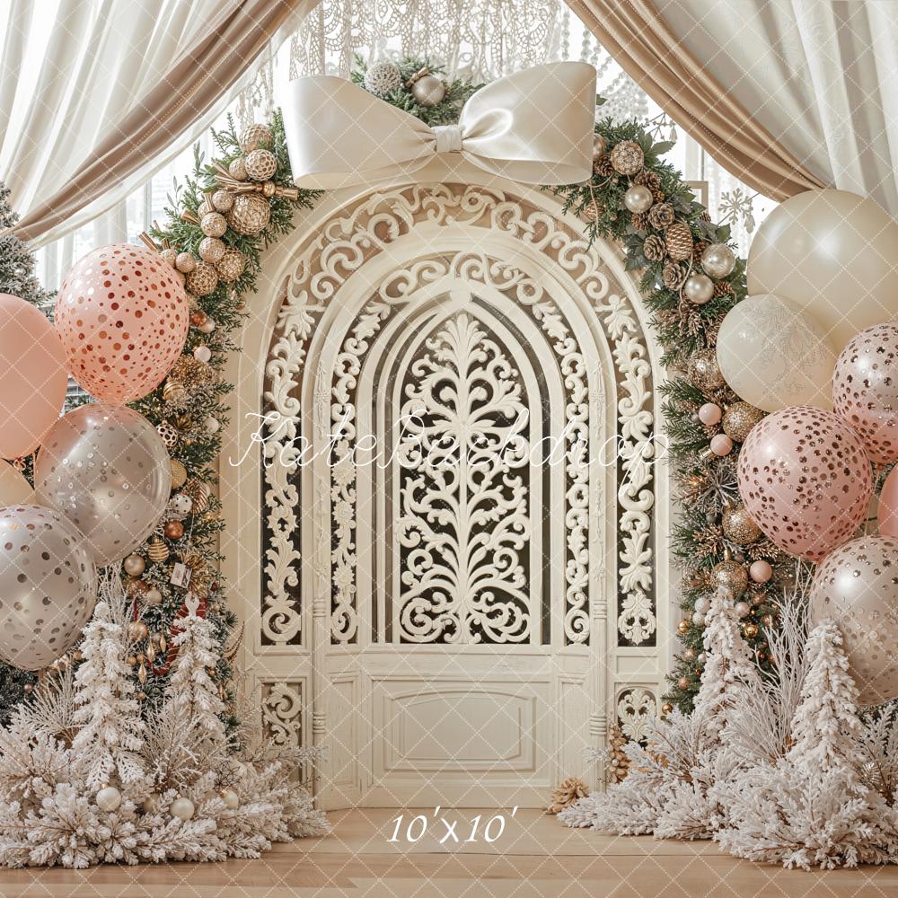 Kate Christmas Cream Vintage Door Balloon Arch Frosted Trees Backdrop Designed by Emetselch