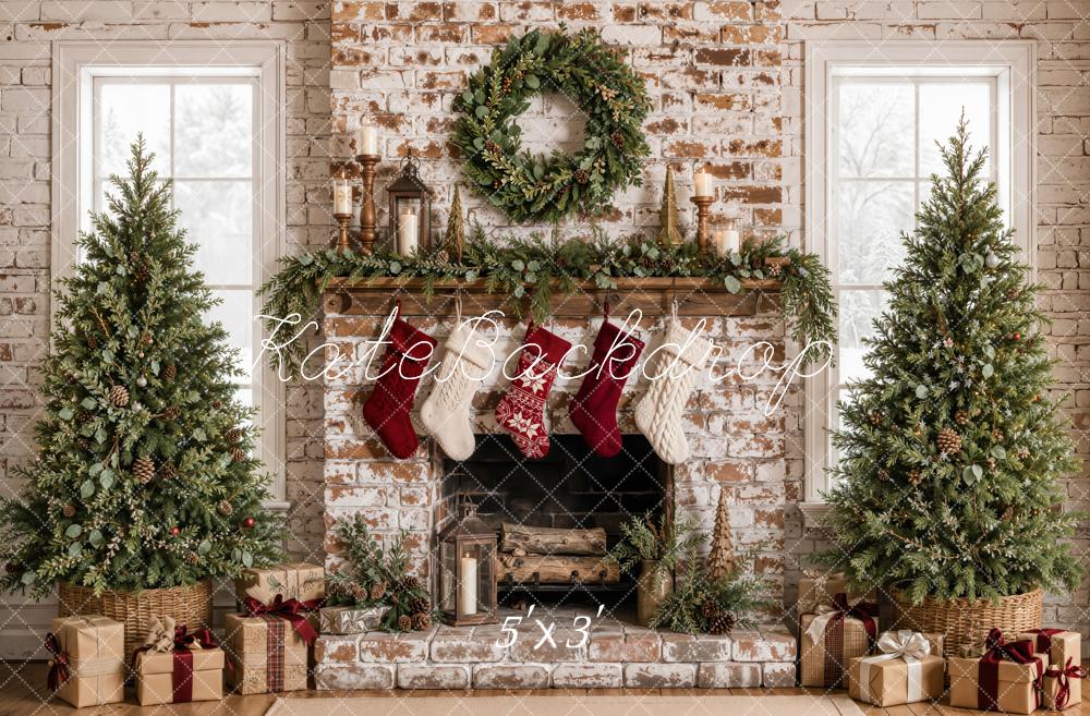 Kate Christmas Distressed Brick Fireplace Christmas Trees Wreath Printed Backdrop Designed by Emetselch