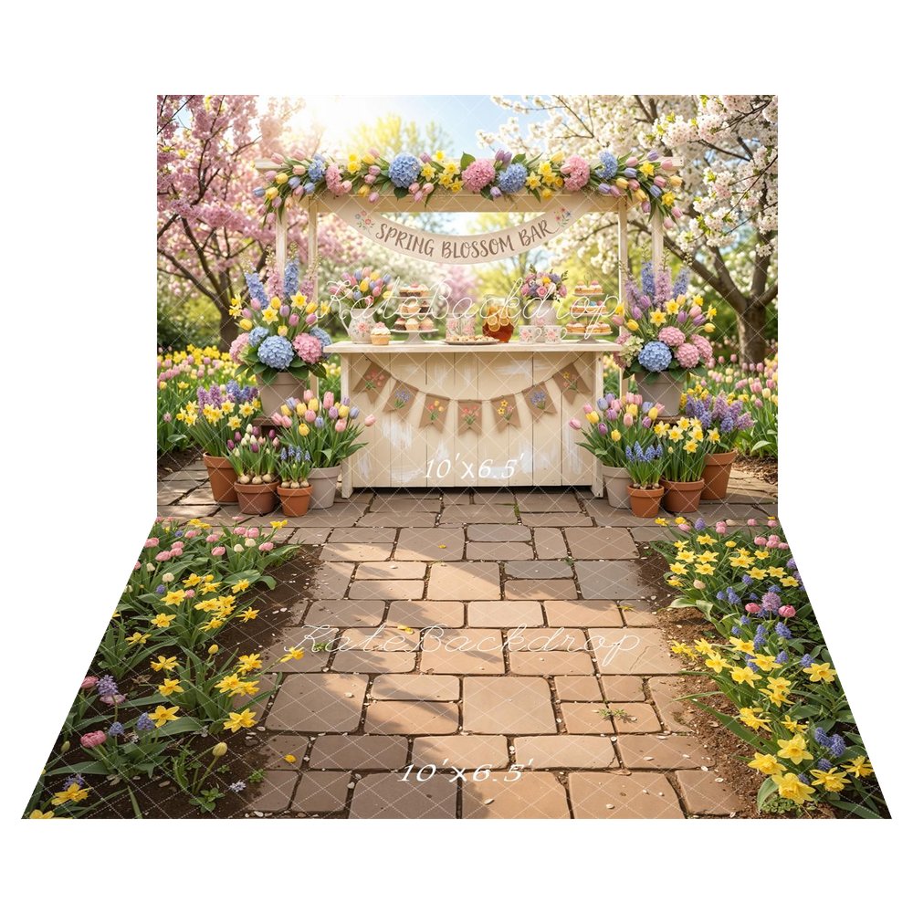 Kate Spring Blossom Bar Flower Cart Pastel Garden Backdrop+Spring Cobblestone Pathway Yellow Daffodils Floor Backdrop